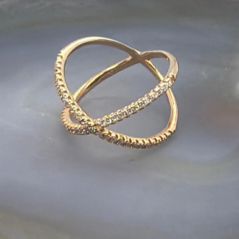 NEW 925 Silver Rose Gold Vermeil Pave CZ Criss Cross Ring Architectural Size 8 - Picture 5 of 16